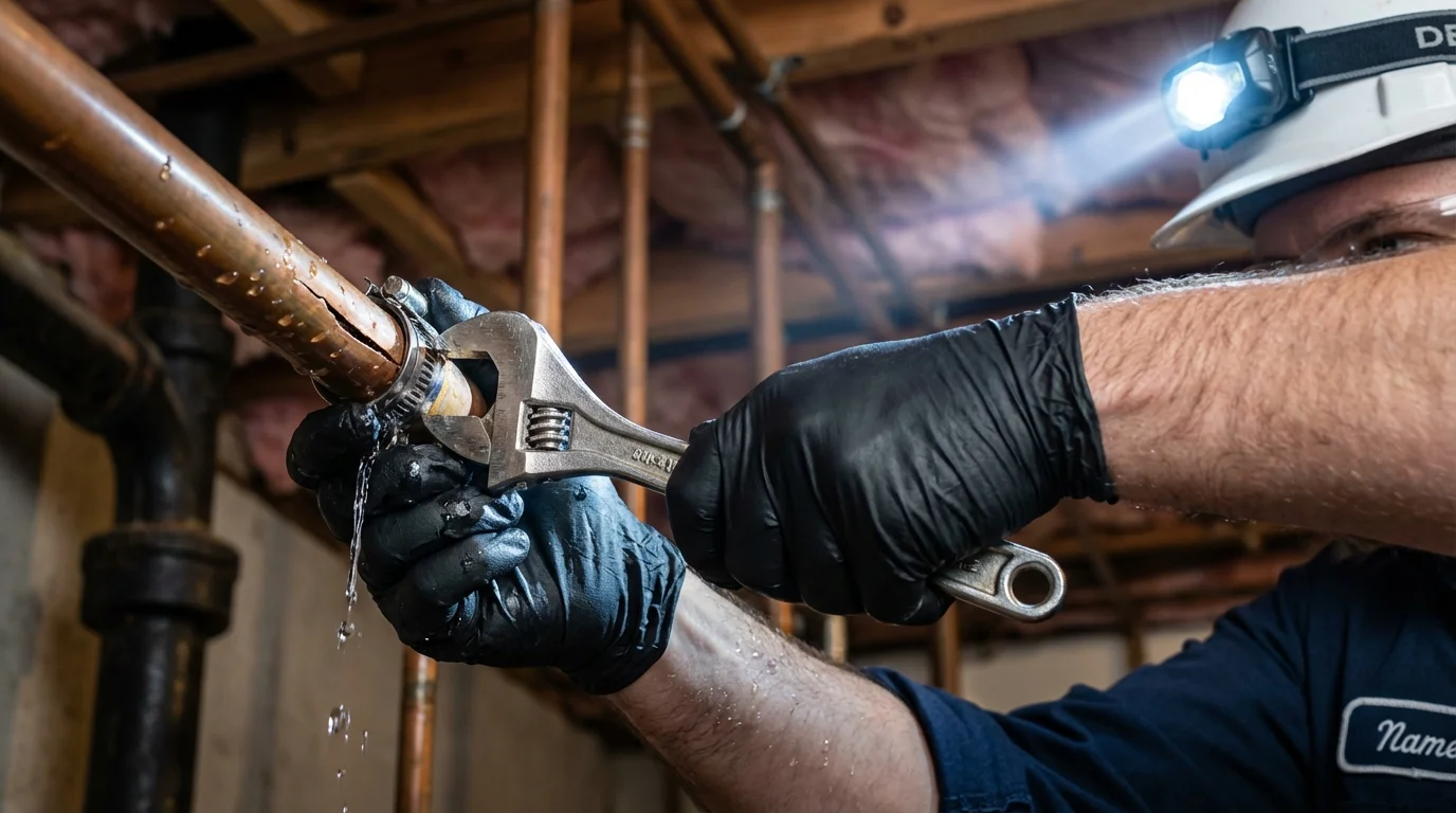 Emergency pipe clamp repair being performed by a Johns Plumbing LLC plumber in Hyde Park