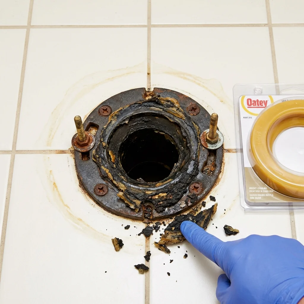 Failed wax ring showing water seepage at the base of a toilet in a Hyde Park, PA home